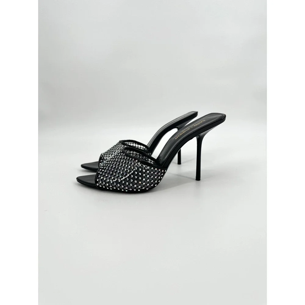 Saint Laurent Paris Luz Black Mesh Crystal Embellished Stiletto Mules Heels 39